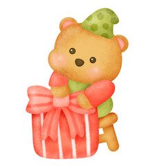 A teddy bear is holding a red present with a green bow. The bear is wearing a green shirt and a green hat
