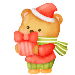 A teddy bear is holding a red present with a green scarf around its neck. The bear is wearing a red hat and a red bow. The image has a festive and joyful mood