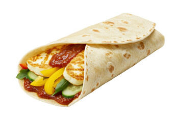 Isolated halloumi wrap, close-up featuring savory grilled cheese filling in tortilla bread