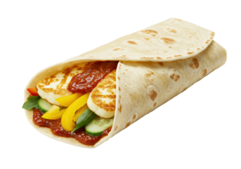 Isolated halloumi wrap, close-up featuring savory grilled cheese filling in tortilla bread