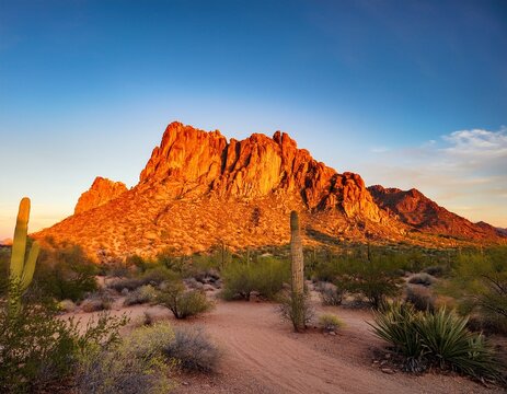 desert destination arizona southwest hiking tourism scenery late evening sun casting a warm red glow on the majestic camelback mountain in phoenix scottsdale arizona usa