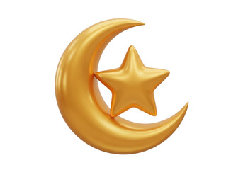 Golden crescent moon and star isolated on transparent background