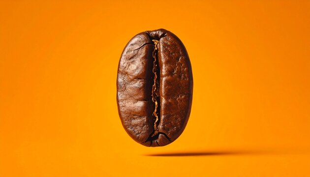 Coffee Bean: a single coffee bean, isolated and meticulously presented against a vibrant orange background, highlighting the natural texture, form, and rich color