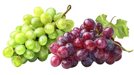 Two bunches of fresh grapes red and green isolated on transparent background