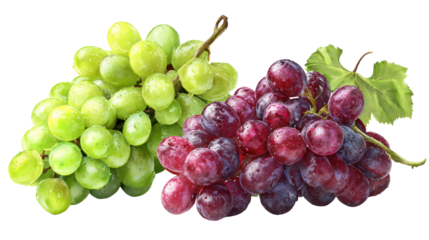 Two bunches of fresh grapes red and green isolated on transparent background