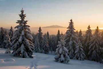 Snow covered evergreen trees at sunrise in a mountain forest