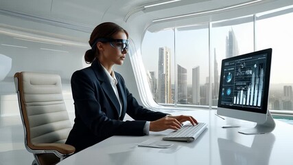 A businesswoman is utilizing advanced technology in a modern office setting - Powered by Adobe