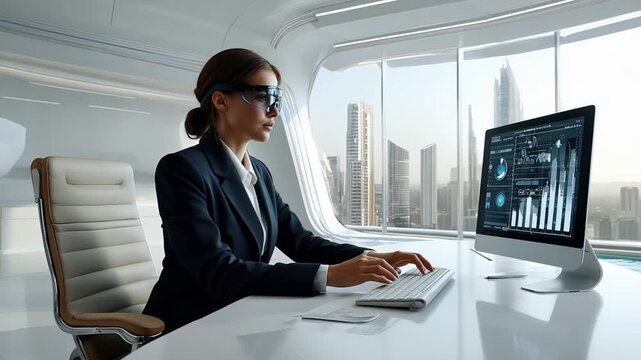 A businesswoman is utilizing advanced technology in a modern office setting