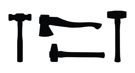 Arrangement of various tools including hammers and an axe silhouette