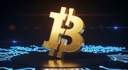 Golden Bitcoin Symbol on Digital Circuit Background.