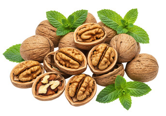 Isolated pile of walnuts with fresh mint leaves, nutritious healthy snack food