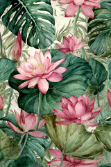 Watercolor lotus flowers with lush tropical green leaves creating a seamless botanical pattern