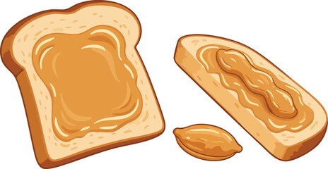A cartoon illustration of creamy peanut butter spread on two slices of white bread, accompanied by a single peanut.