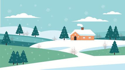 Snowy winter scene with house and pine trees