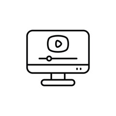 A blackandwhite vector icon of a computer monitor displaying a play button and progress bar. Line icon. Editable stroke