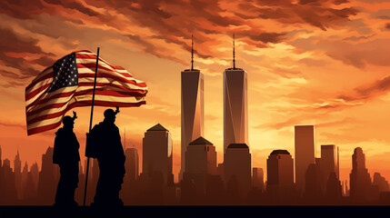 Twin Towers with American Flag
