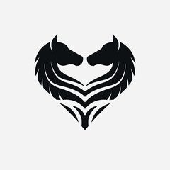 Horse Heart Logo - Elegant Symmetrical Horse Head Silhouette Symbol of Love and Strength