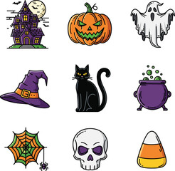 Colorful Halloween Line Art Icon Pack: Haunted House, Pumpkin, Ghost, Witch Hat, Black Cat, Cauldron, Spiderweb, Skull, and Candy Corn.