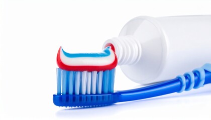 Fresh new colorful toothpaste swirled perfectly atop toothbrush. Beside, sleek white toothpaste tube on white background
