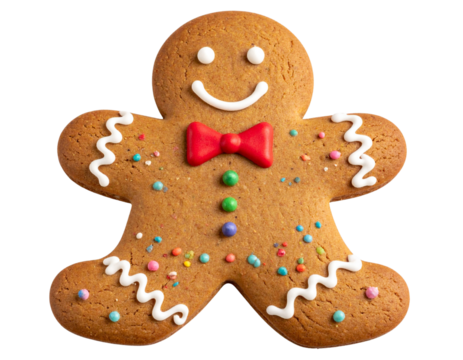 Flat Gingerbread Man with Red Bow Tie and Sprinkles, Colorful Topping Style, Transparent PNG