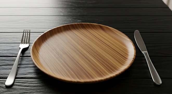 Empty wooden plate with fork and knife on dark table.