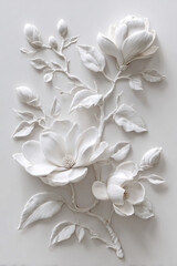 Elegant white magnolia flowers with buds and leaves in a delicate embossed 3d decorative design on a light background
