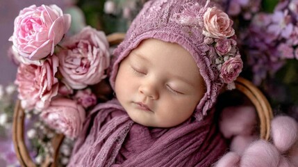 A newborn baby is peacefully sleeping in a soft wool basket, wrapped in delicate fabrics. Surrounded by beautiful pink flowers, the scene is serene and heartwarming.