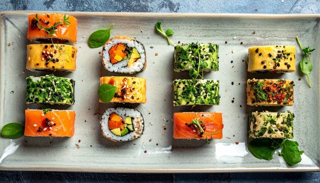 Exquisite Sushi Assortment: An overhead view presents an artistic array of freshly prepared sushi rolls, artfully arranged on a rectangular platter, showcasing vibrant colors and inviting textures.