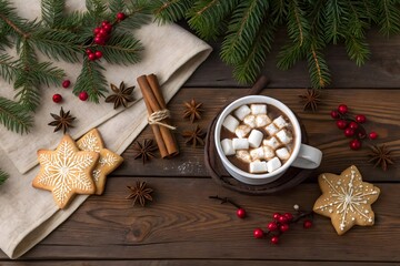 Cozy christmas hot chocolate and star shaped cookies on a wooden table