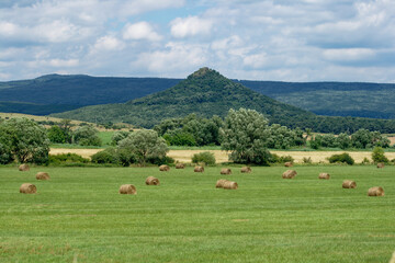 A beautiful countryside scene with hay bales in a green field under a cloudy sky.