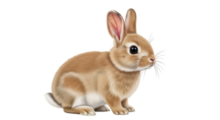 Isolated adorable fawn colored rabbit with long ears, soft fur, and shiny dark eyes