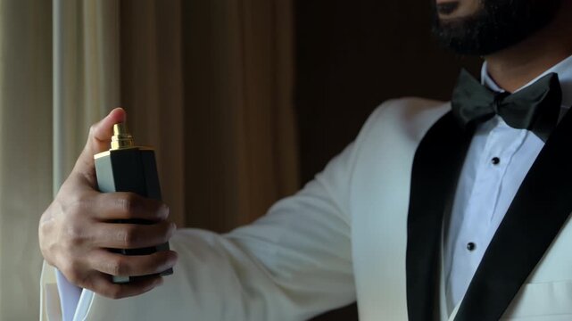 Close up view of man in white suit spraying the perfume on himself. Slow motion