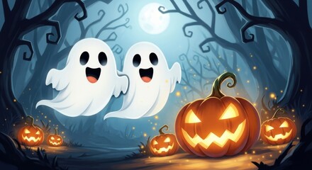Fototapeta premium Two cute ghosts and jackolanterns in a spooky forest at night