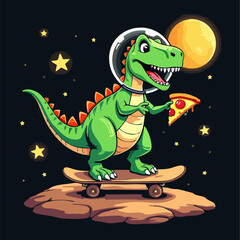 Obraz premium Vector drawing for children, teenager t-shirt. Cute green dinosaur in space with pizza, star, moon, asteroid on skateboard isolated on black background. Cartoon design for fabric, paper, clothing.