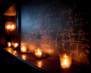 Halloween Teacher School Concept, Spooky halloween decoration school when teacher writes creepy message dark chalkboard with glowing candlelight