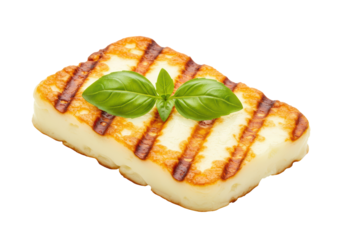 Isolated Grilled Halloumi Cheese with Fresh Basil Herb Close-Up Mediterranean Food Delicatessen