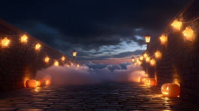 Narrow cobblestone alley lined with glowing Jack-O’-Lanterns, mist curling along the ground, warm spooky Halloween scene with space for text - Powered by Adobe