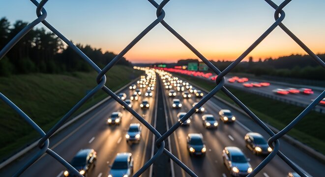 Evening Commute Traffic Through Chain Link Fence.