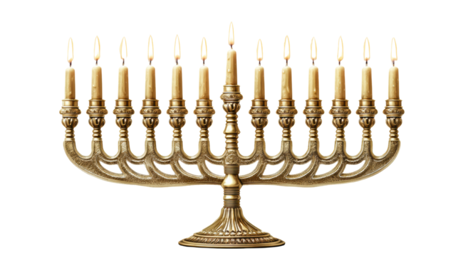 A beautifully crafted menorah featuring multiple candle holders, white isolated background.