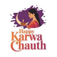 Traditional woman with braided hair holding lamp and plate under crescent moon, celebrating Karwa Chauth with vibrant festive elegance