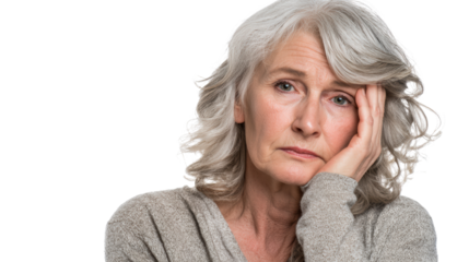 A concerned elderly woman resting her chin on her hand, expressing deep contemplation and worry.