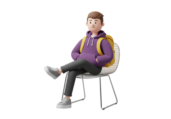 Isolated Young student boy sitting on chair relaxing with yellow backpack accessory