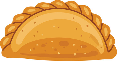 Close-up of a golden-brown, half-moon-shaped pastry, likely a curry puff.