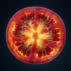 Cross-section of a Tomato, Illuminated, Macro, Dark Background.