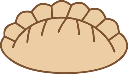 A simple, stylized illustration of a single, golden-brown dumpling with crimped edges and subtle interior lines.