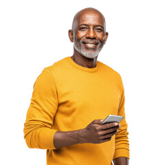 Smiling Sub-Saharan African man in yellow sweater with phone
