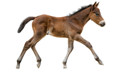 Obraz premium A lively foal trotting gracefully on a white isolated background.