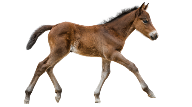 A lively foal trotting gracefully on a white isolated background.
