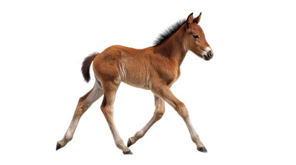 A playful foal trotting gracefully on a white isolated background.