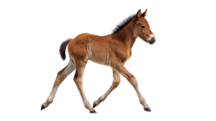 A playful foal trotting gracefully on a white isolated background.